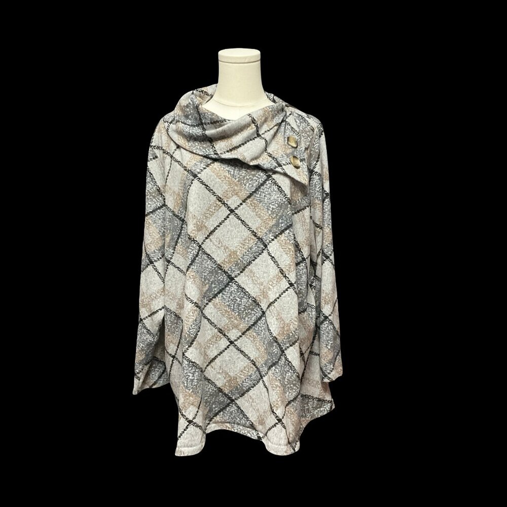 Grey Plaid Print Cowl Neck Sweater w/ Button Details